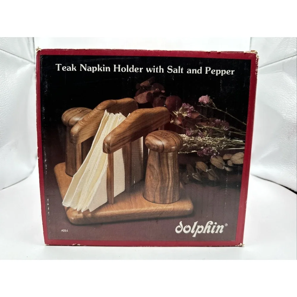 Genuine Teak Wood Salt &‎ Pepper Shakers Napkin Holder By Dolphin in Box